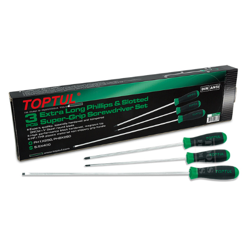 TOPTUL -3PCS Extra Long Slotted & Phillips Super-Grip Screwdriver Set - GAAE0305 TOPTUL 3PCS Extra Long Phillips & Slotted Super-Grip Screwdriver Set