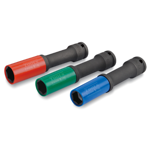 TOPTUL - 6PT Flank Extra Long Thin Wall Deep Impact Sockets with Plastic Sleeves - KABL SERIES TOPTUL 1/2″ Drive 6PT Flank Extra Long Thin Wall Deep Impact Sockets with Plastic Sleeves