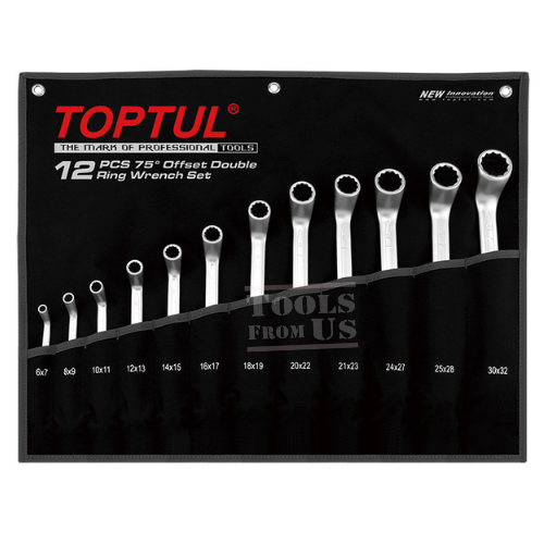 TOPTUL - 75° Offset Double Ring Wrench Set - GPAI1202 TOPTUL 75° Offset Double Ring Wrench Set with Pouch Bag